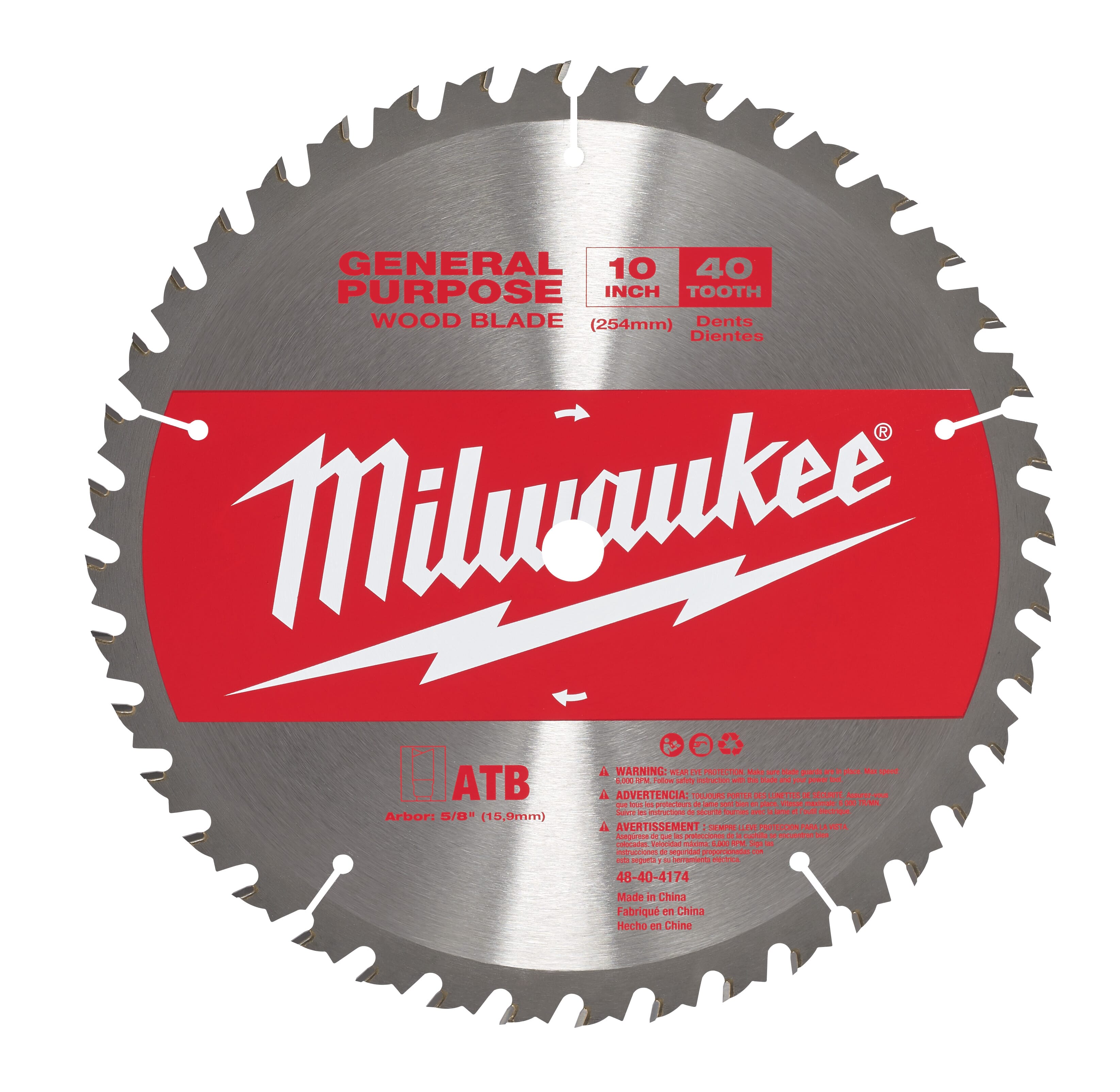Milwaukee® 48-40-4174 General Purpose Circular Saw Blade, 10 in Dia, 5/8 in Arbor, Carbide Blade, 40 Teeth